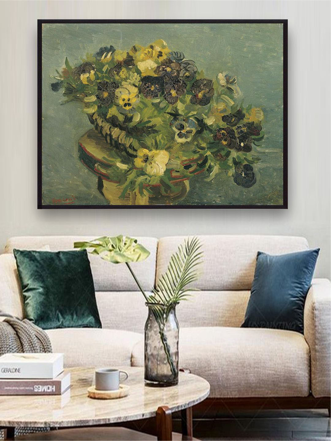 The Art House Green & Yellow Basket of pansies on a small table By Van Gogh Painting