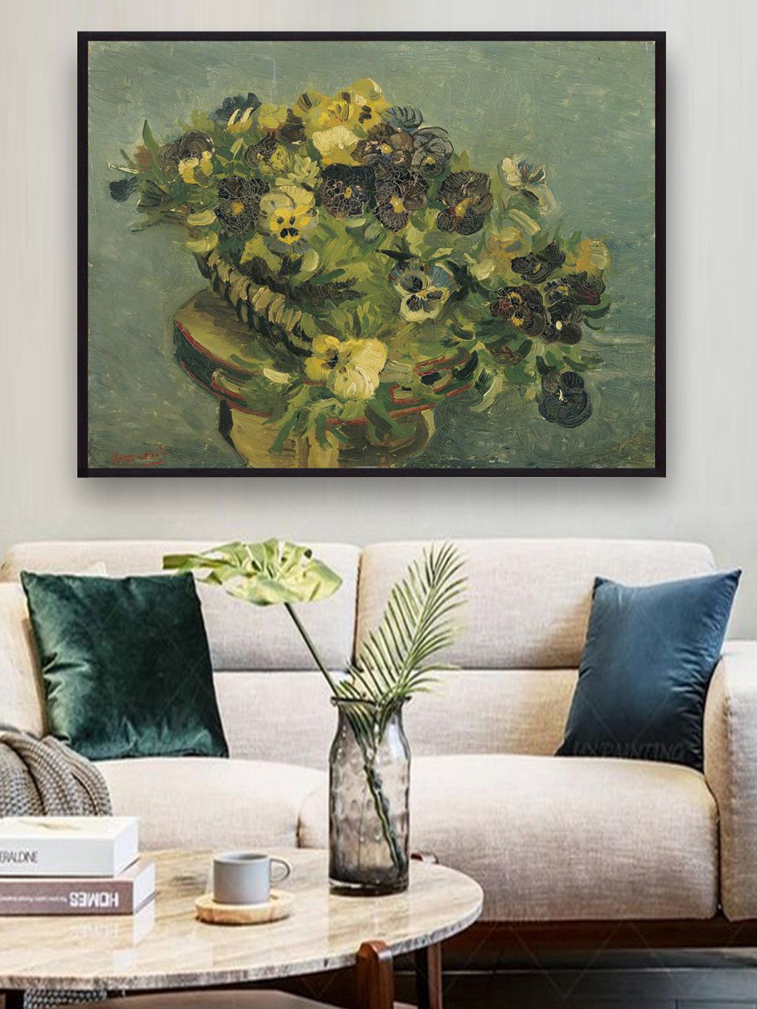 The Art House Green & Yellow Basket of pansies on a small table By Van Gogh Painting