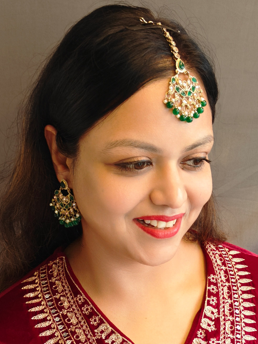 GRIIHAM Gold-Plated Drop Earrings With Maang Tikka