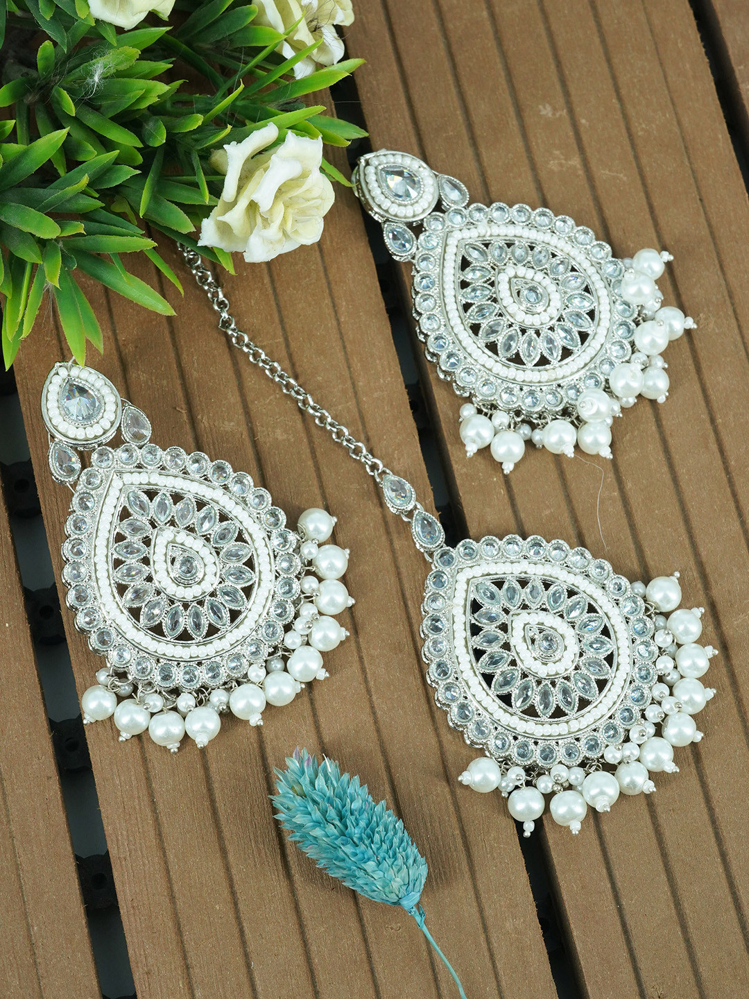 GRIIHAM Silver-Plated Kundan Maang Tika and Earrings