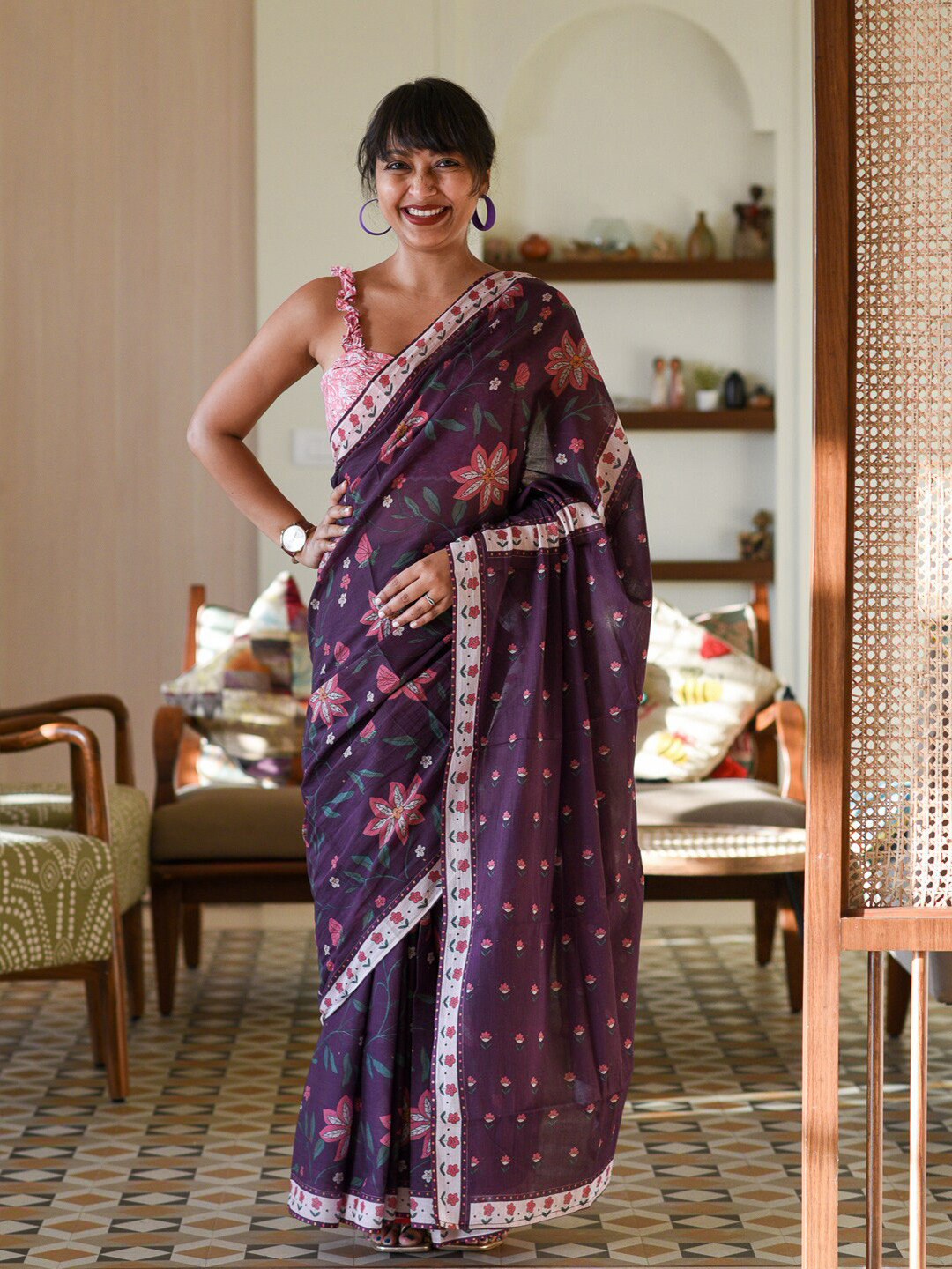 Suta Purple & White Floral Printed Pure Cotton Saree