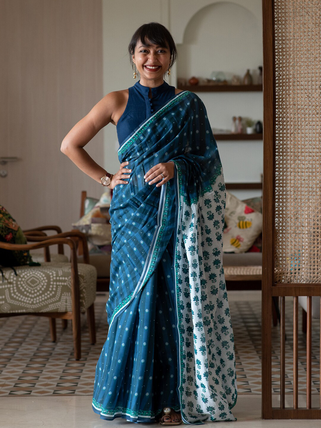 Suta Blue & White Floral Printed Pure Cotton Saree