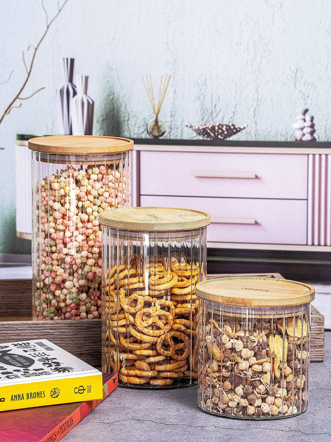 GOODHOMES Transparent 3 Pieces Glass Jar With Wooden Lid