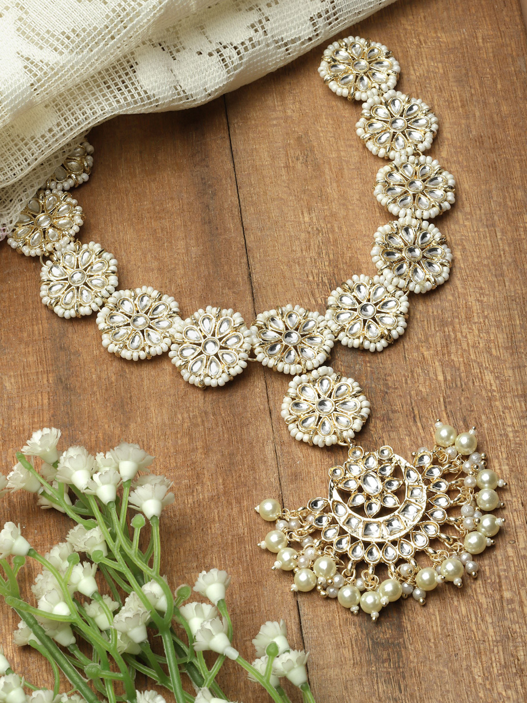 ZENEME Gold-Plated Crescent Shaped Kundan-Studded & Beaded Sheeshphool