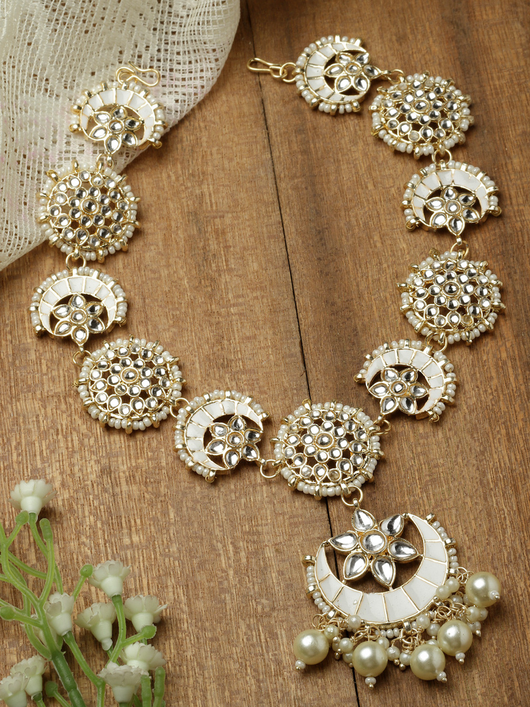ZENEME Gold-Plated Crescent Shaped Kundan-Studded Sheeshphool