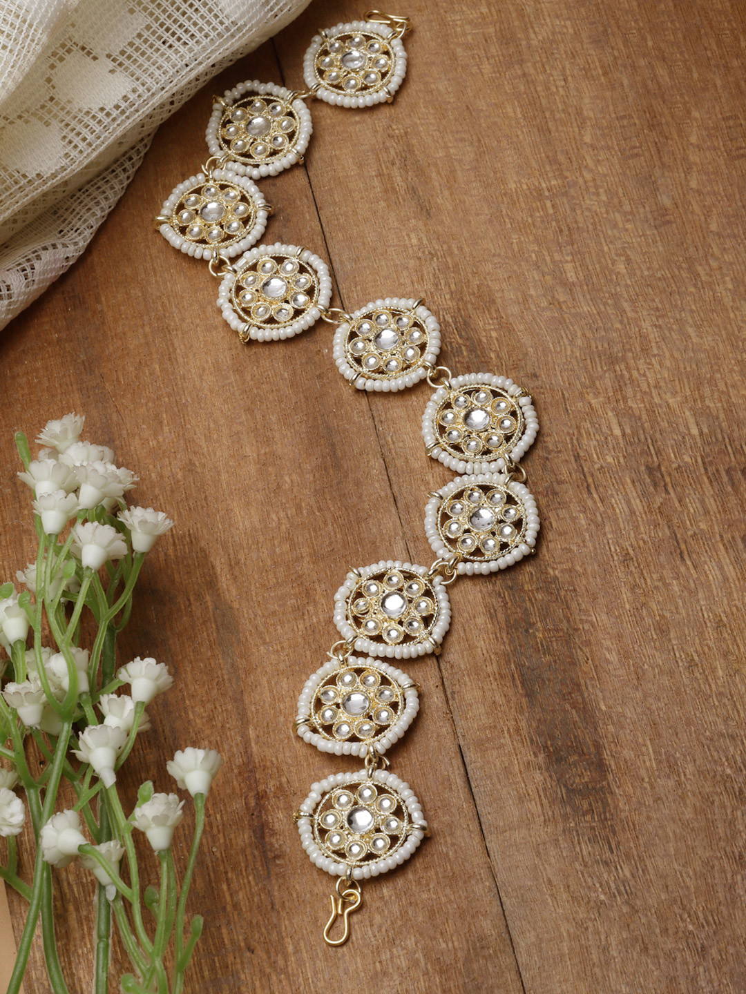 ZENEME Gold-Plated Kundan-Studded & Beaded Matha Patti