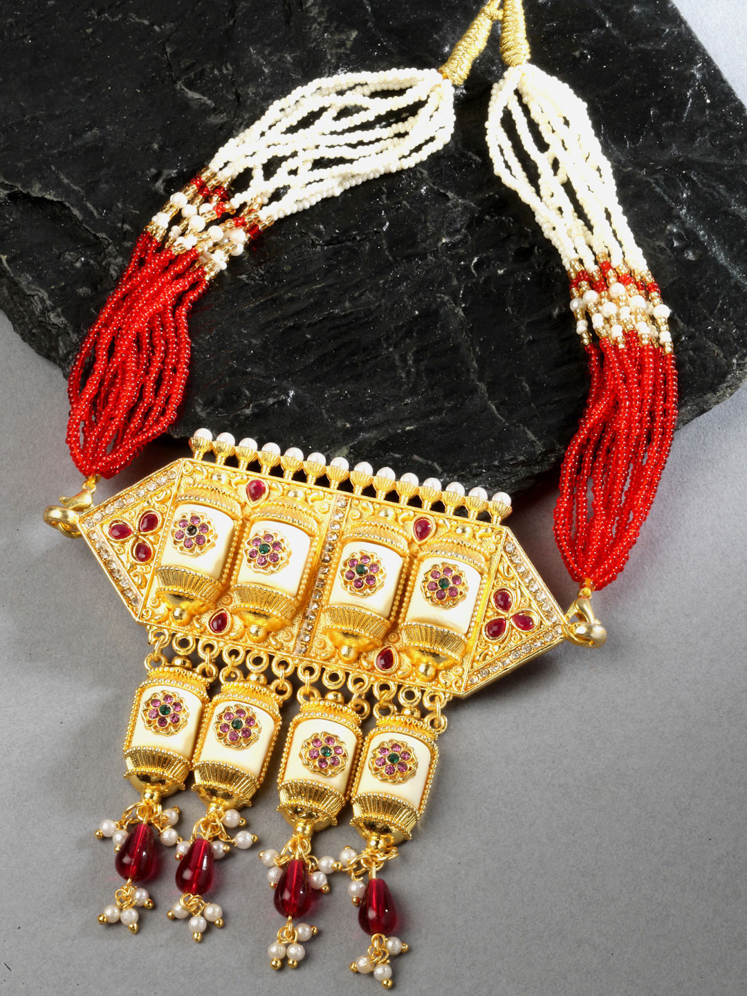 ZENEME Gold-Plated Kundan Studded Red & White Pearl Beaded Multistrand Necklace