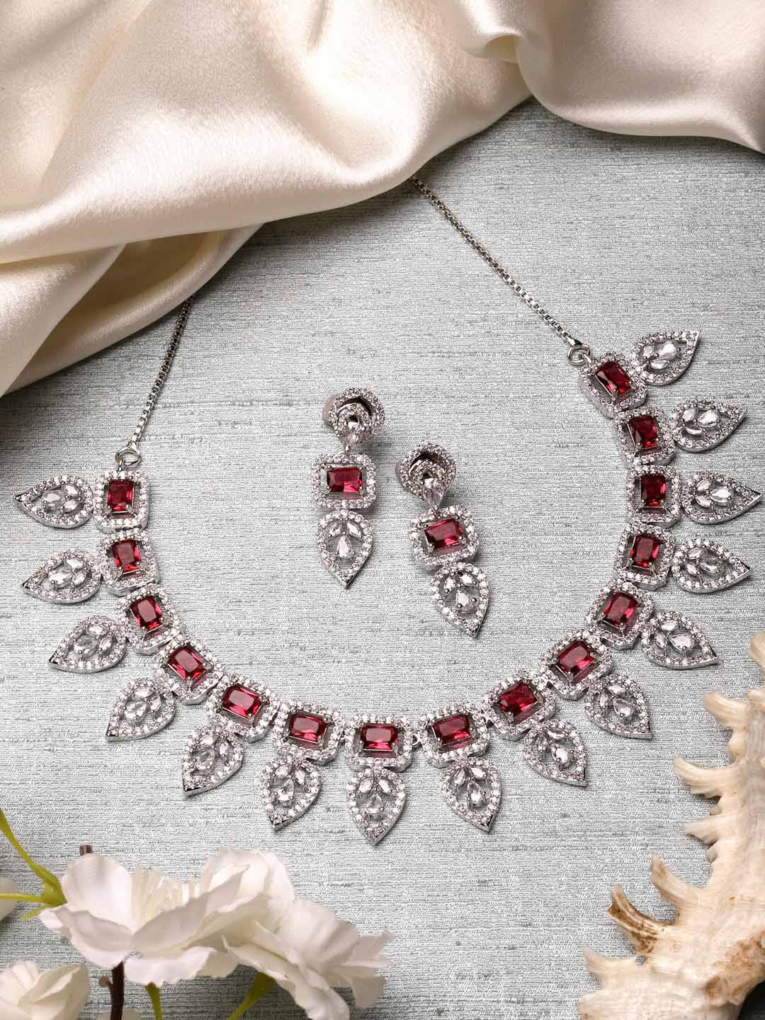 ZENEME Rhodium-Plated American Diamond Studded Necklace And Earring Jewellery Set