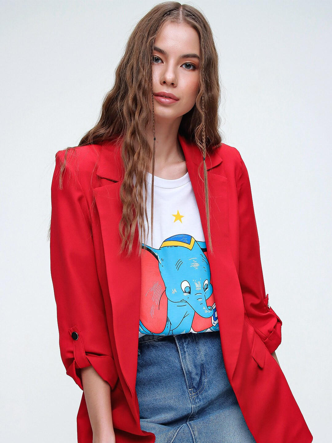 Trend Alacati stili Notched Lapel Collar Pure Cotton Single Breasted Cheery Red Blazer