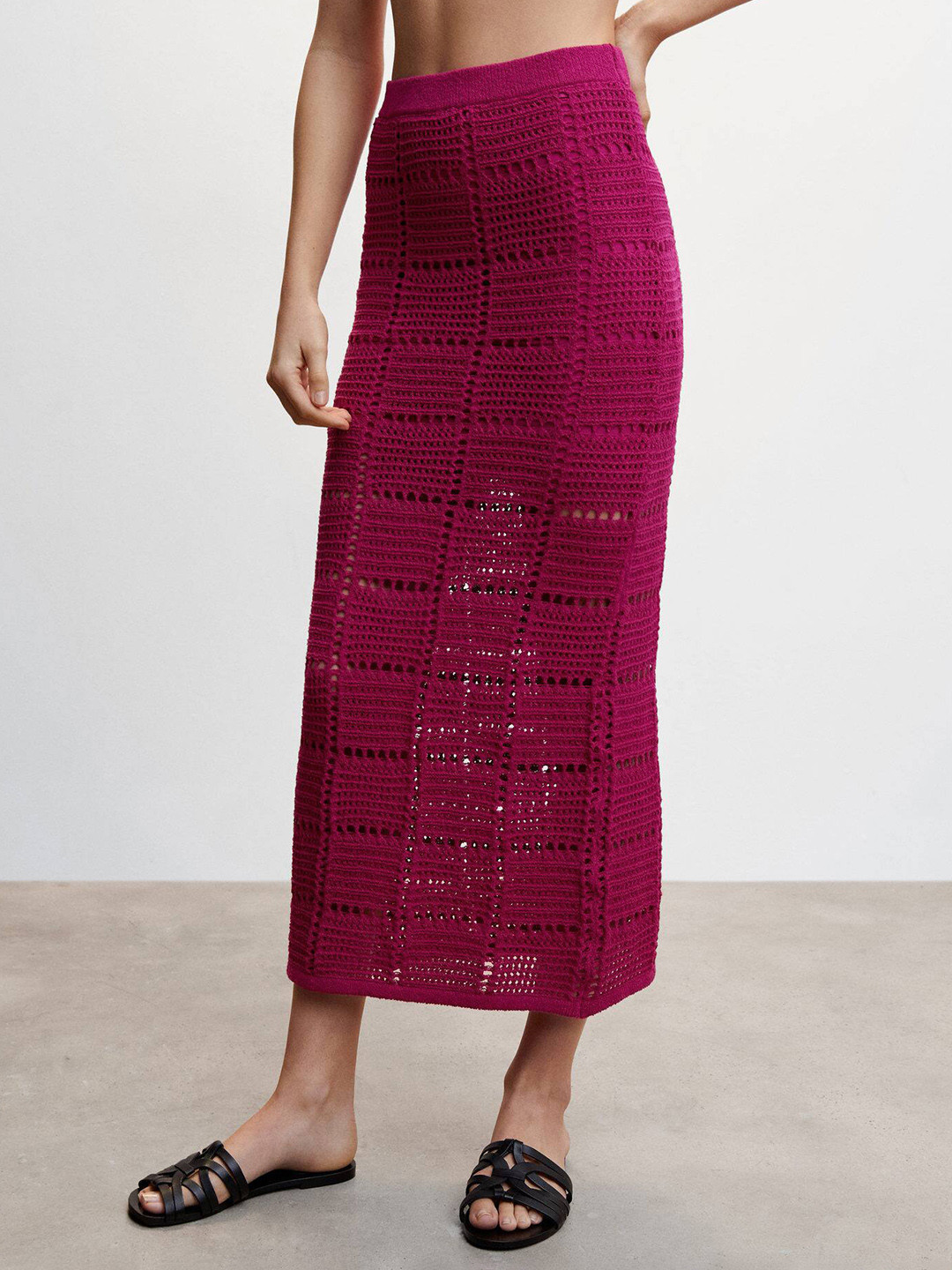 MANGO Crochet Knitted Midi Straight Skirt