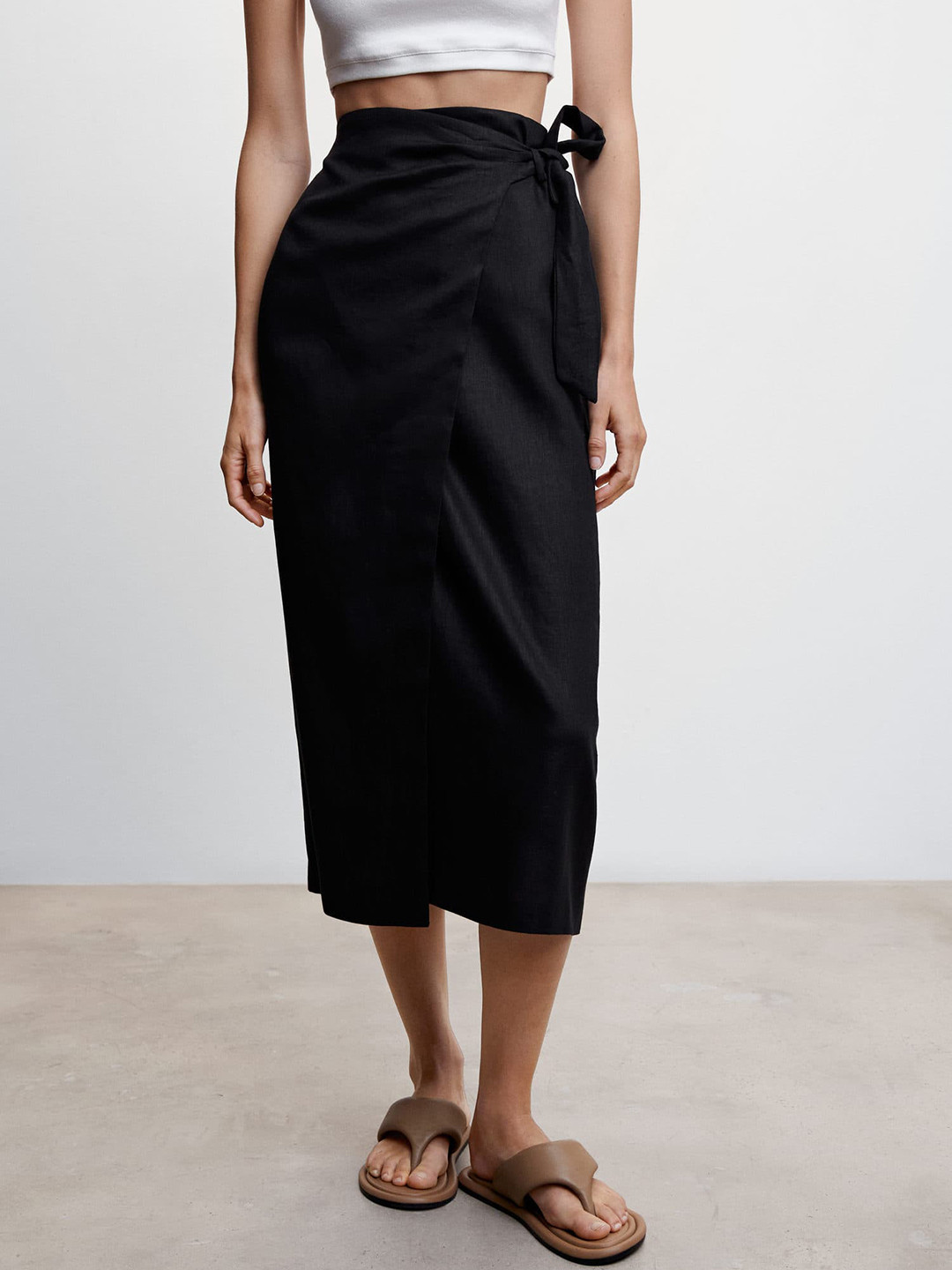 MANGO Pure Linen Wrap Dress with Tie-Up