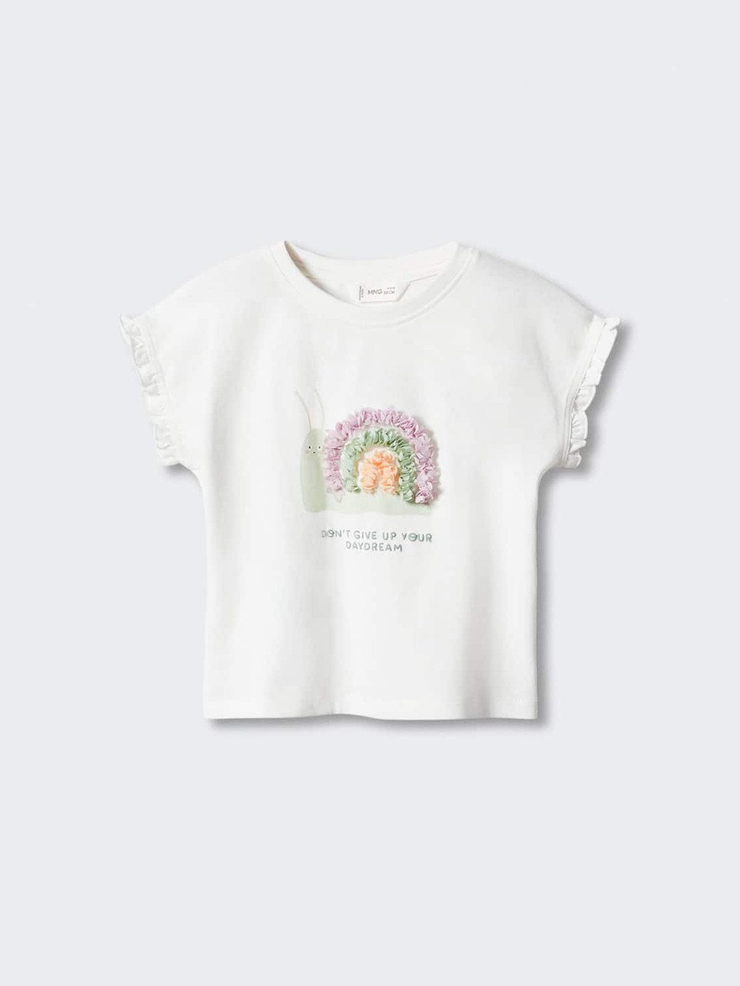 Mango Kids Girls Conversational Printed Pure Cotton T-shirt with Ruffled Detail