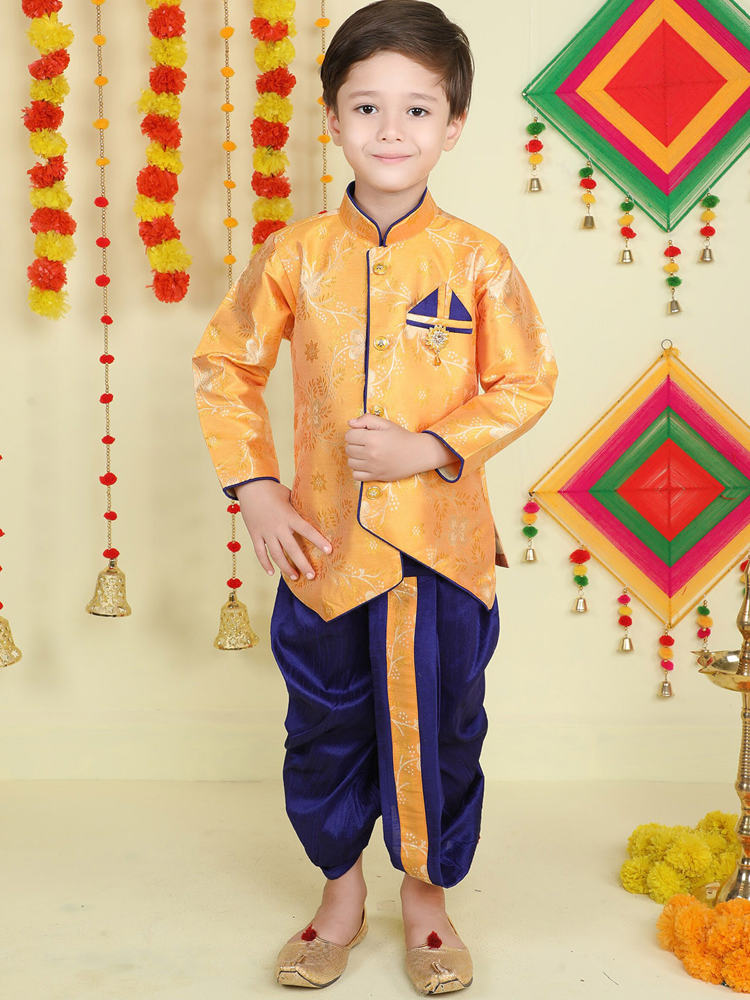 Jeetethnics Boys Mandarin Collar Woven Design Kurta with Dhoti Pants