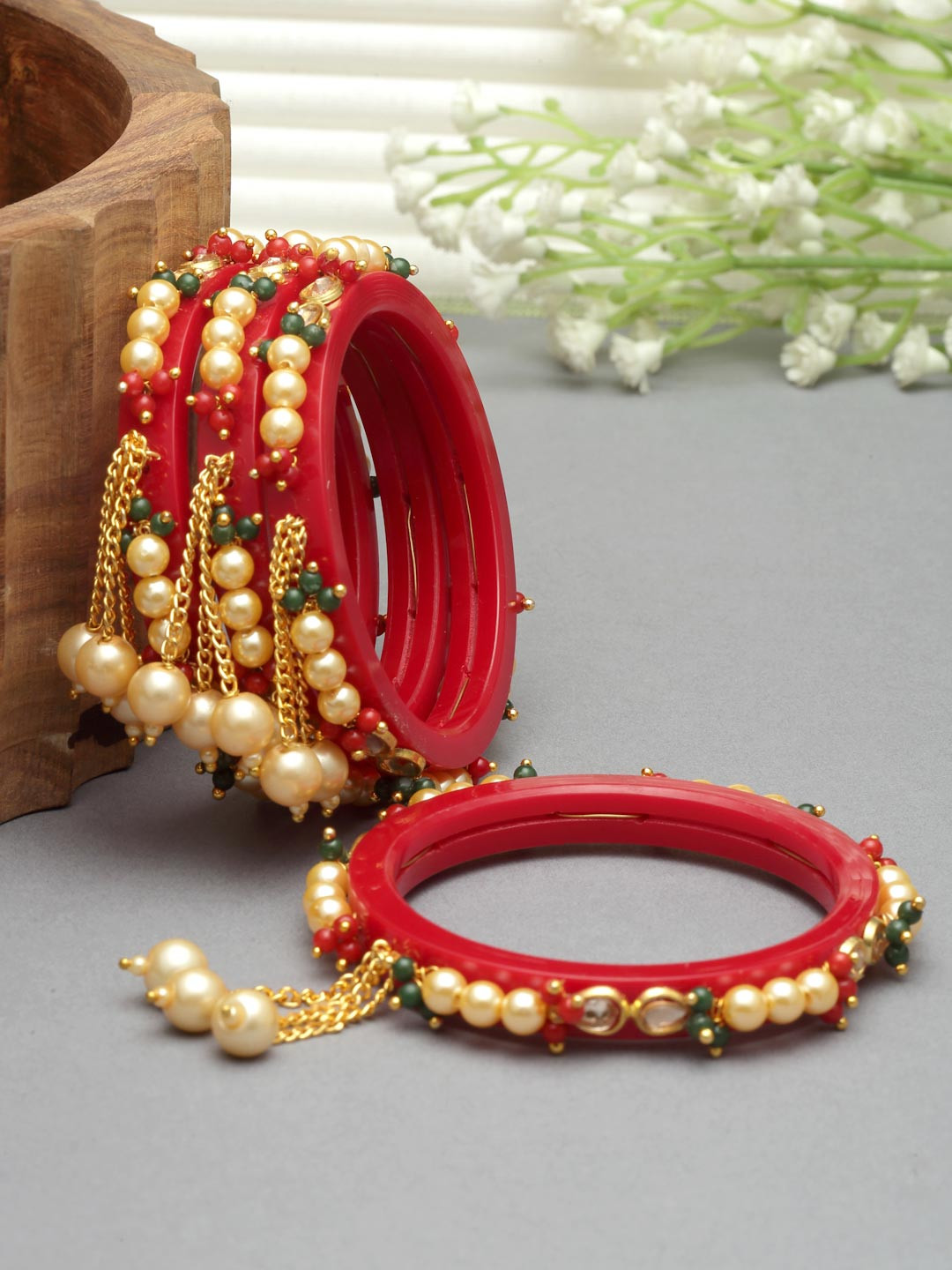 ZENEME Set Of 4 Beaded Non-Allergic Plastic Bangles