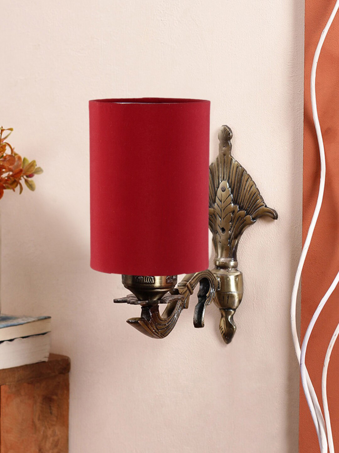 Devansh Red Textured Antique Wall Lamp With Cotton Conical Shade