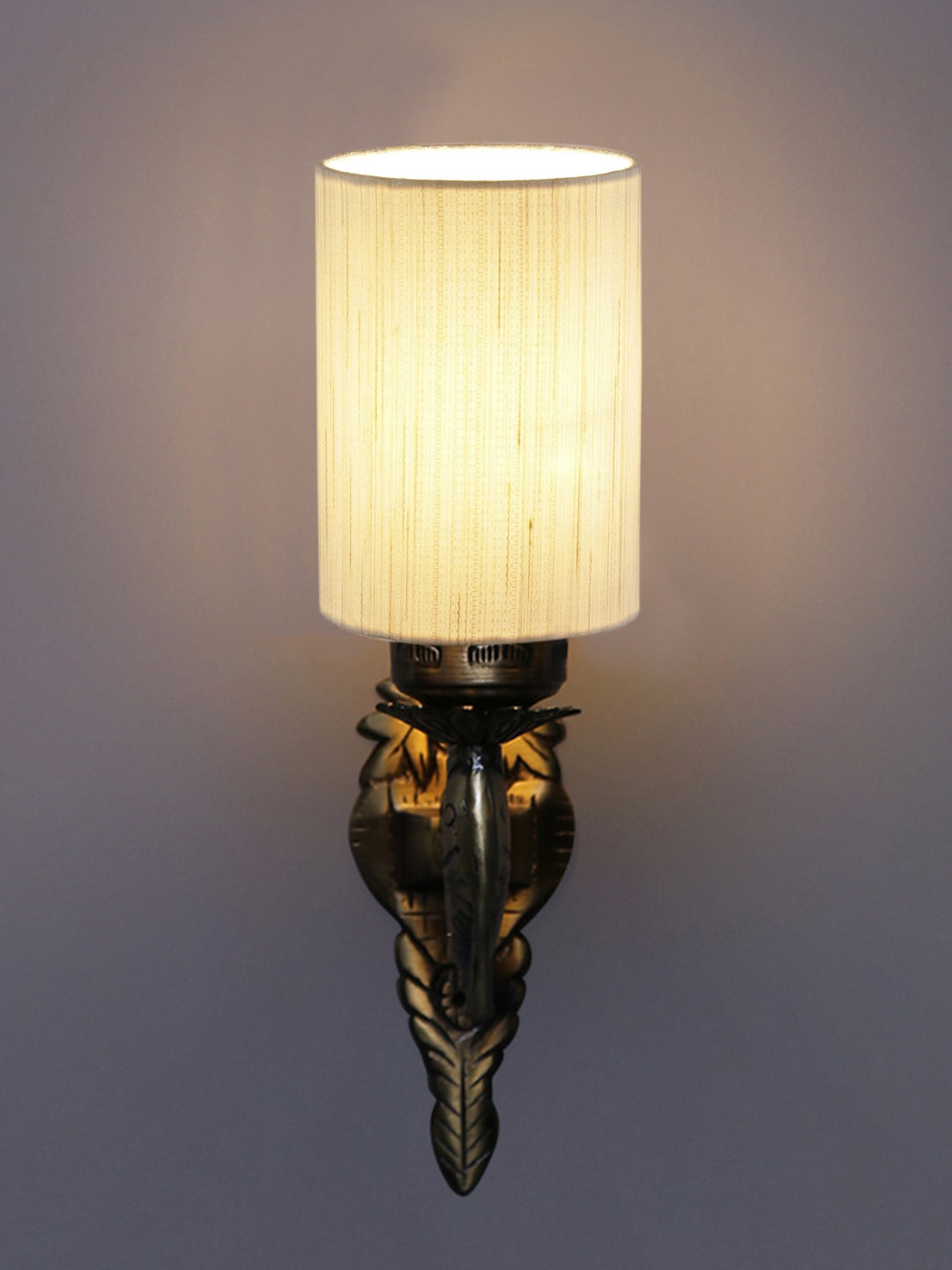 Devansh Antique Off-White & Gold-Toned Wall Lamp With Textured Cotton Conical Shade