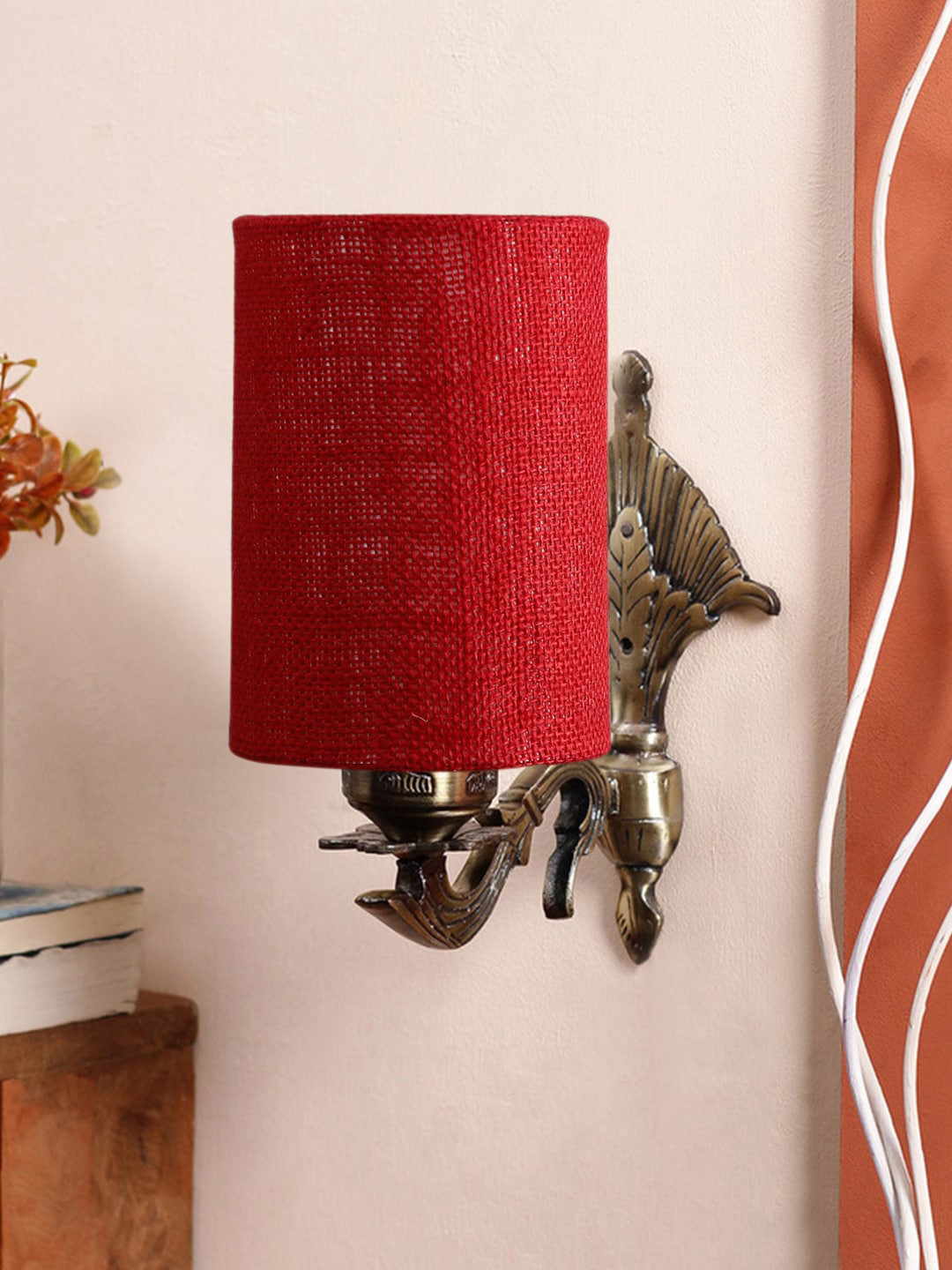Devansh Red Antique Wall Lamp With Jute Conical Shade