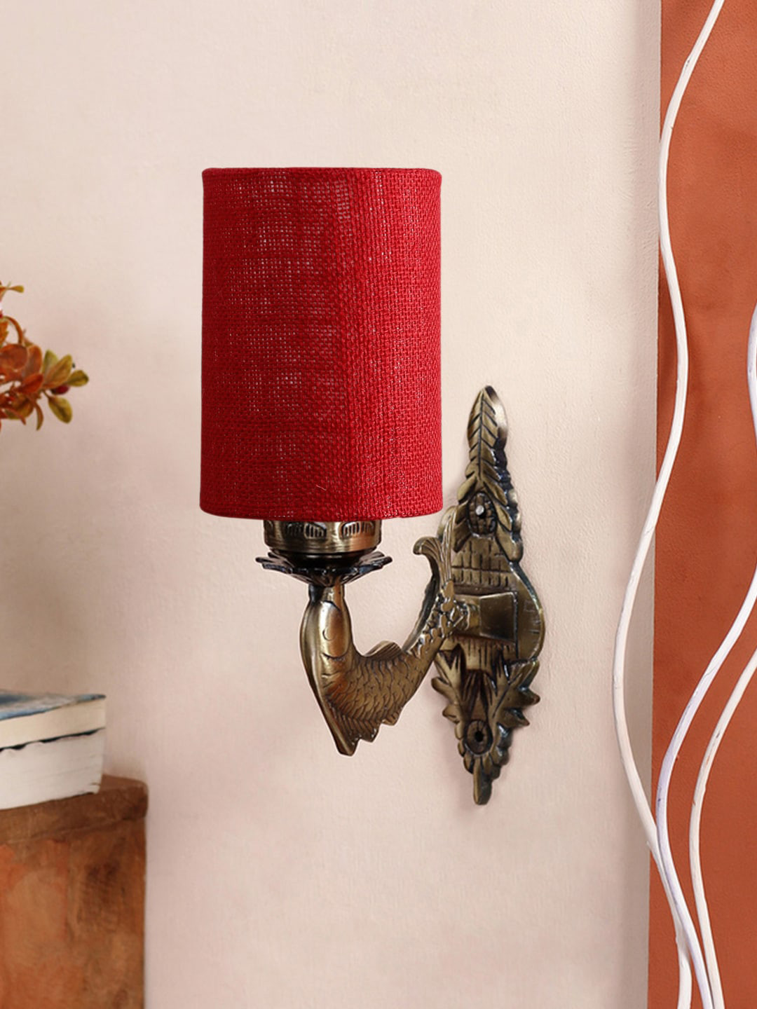 Devansh Maroon & Gold Toned Textured Antique Wall Lamp With Jute Conical Shade