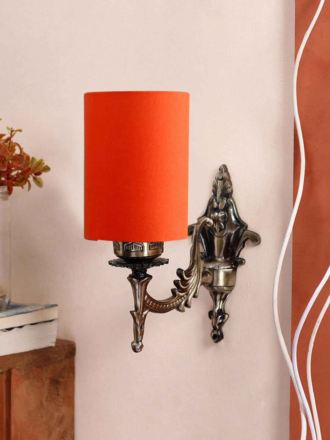 Devansh Orange Antique & Gold Toned all Lamp With Jute Conical Shade