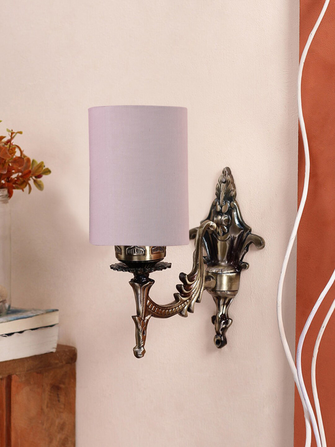 Devansh Antique Grey & Gold-Toned Wall Lamp With Textured Cotton Conical Shade