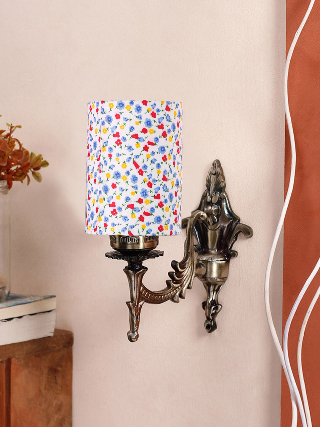 Devansh White & Red Printed Antique Wall Lamp With Cotton Conical Shade
