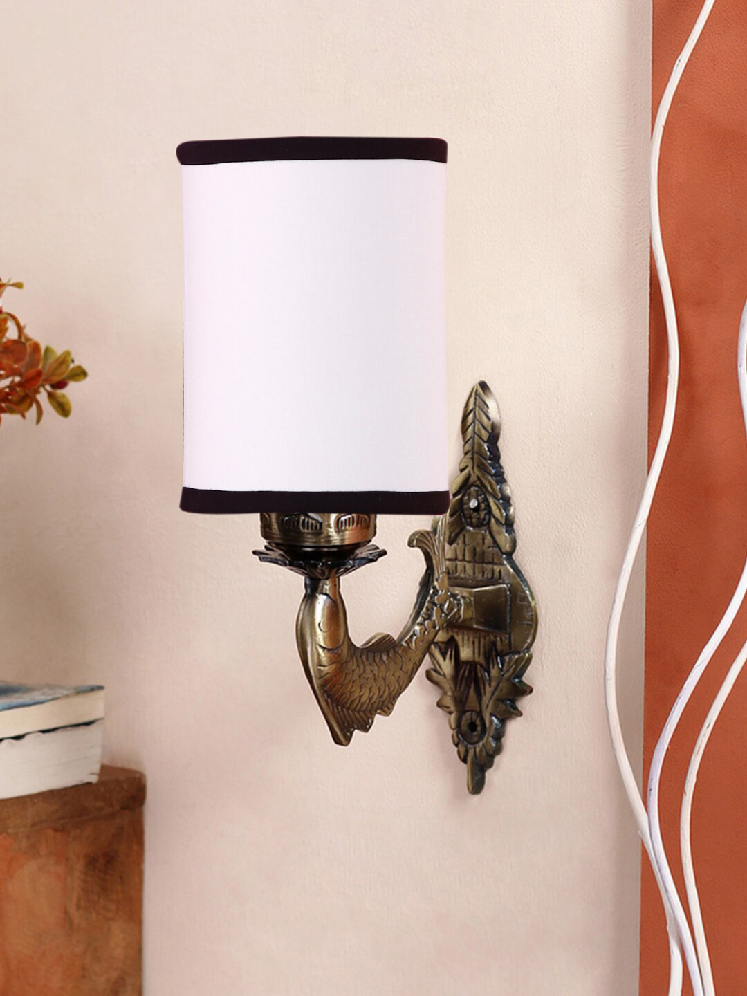 Devansh Antique White & Gold-Toned Wall Lamp With Cotton Conical Shade
