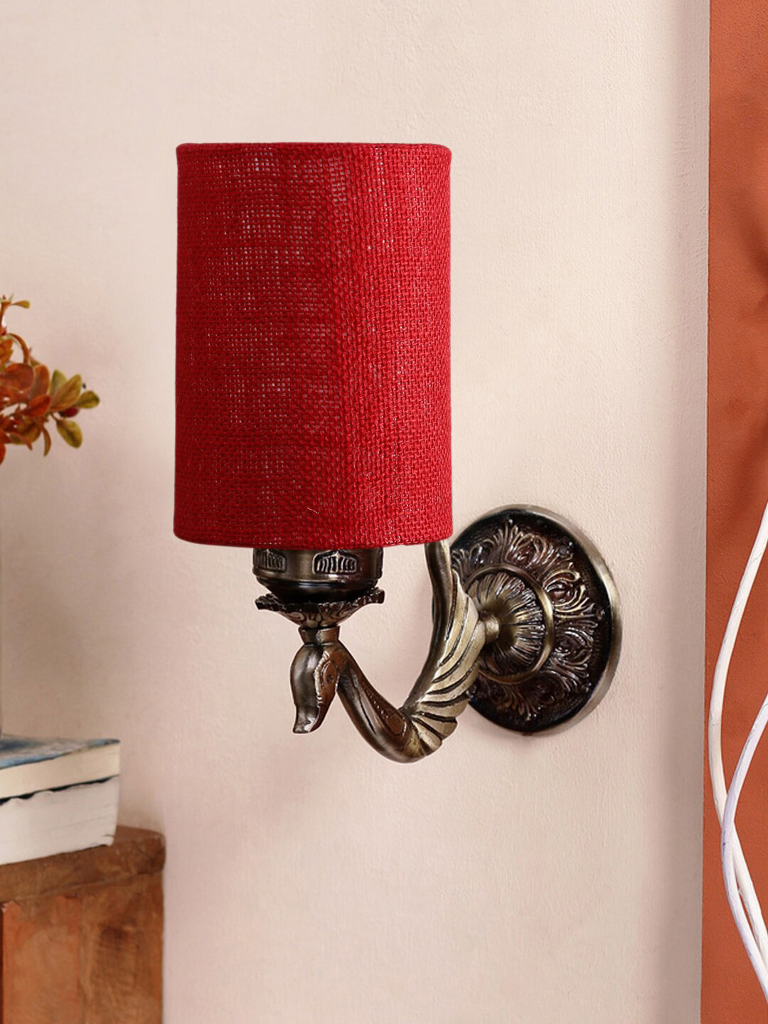 Devansh Maroon & Gold Toned Textured Antique Wall Lamp With Jute Conical Shade