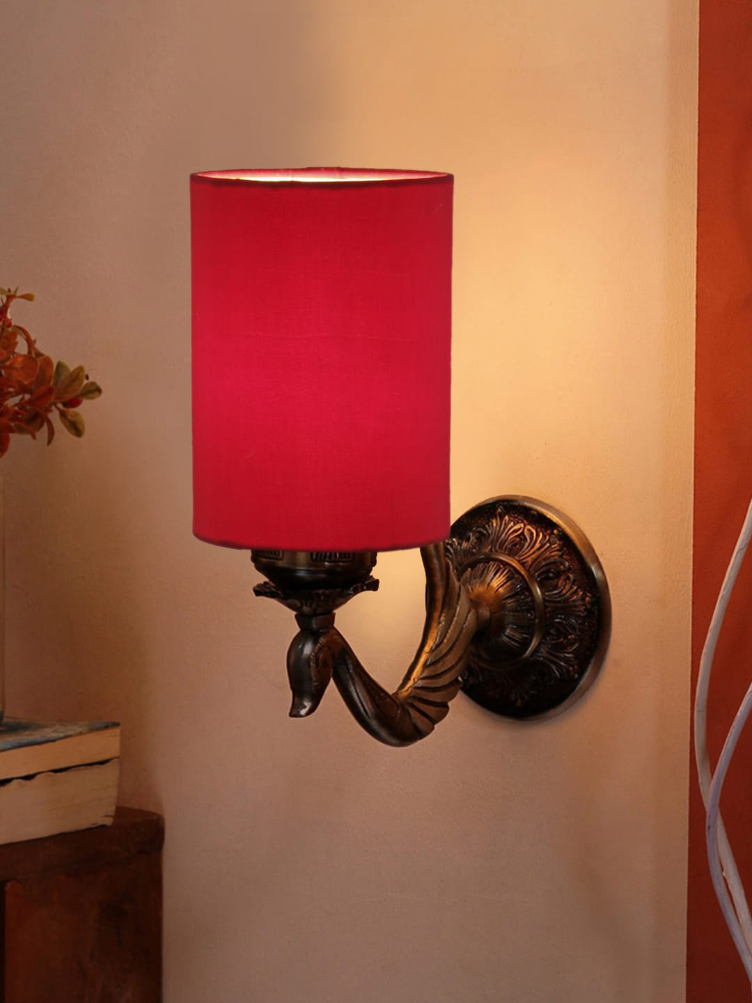 Devansh Red & Gold Toned Antique Wall Lamp With Cotton Conical Shade