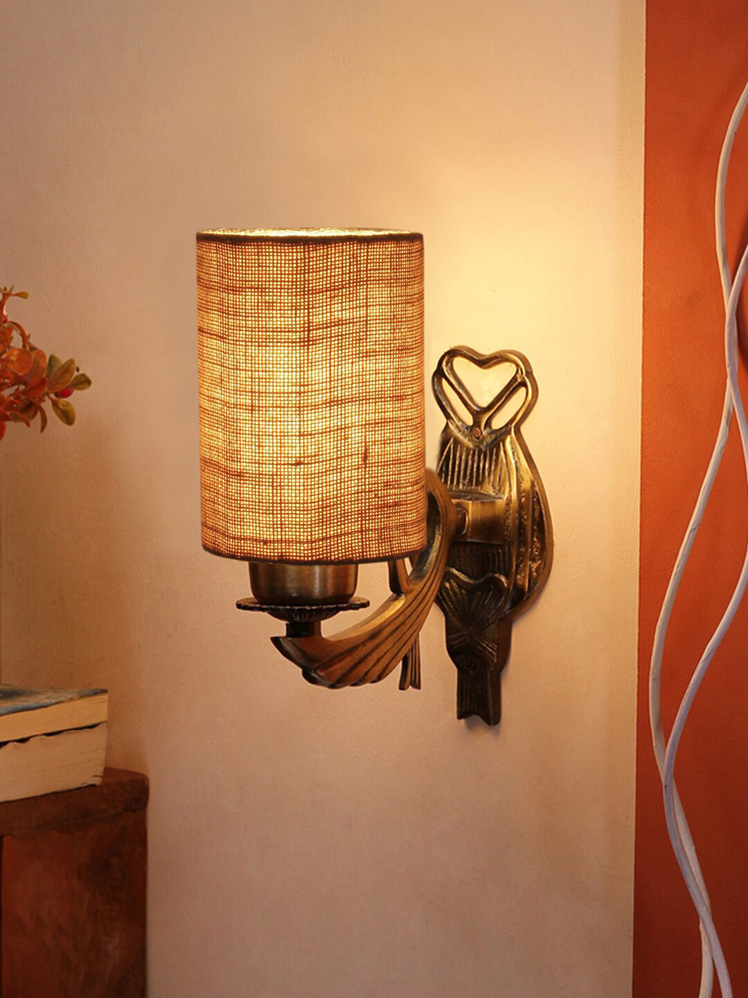 Devansh Beige & Gold Toned Antique Wall Lamp With Jute Conical Shade