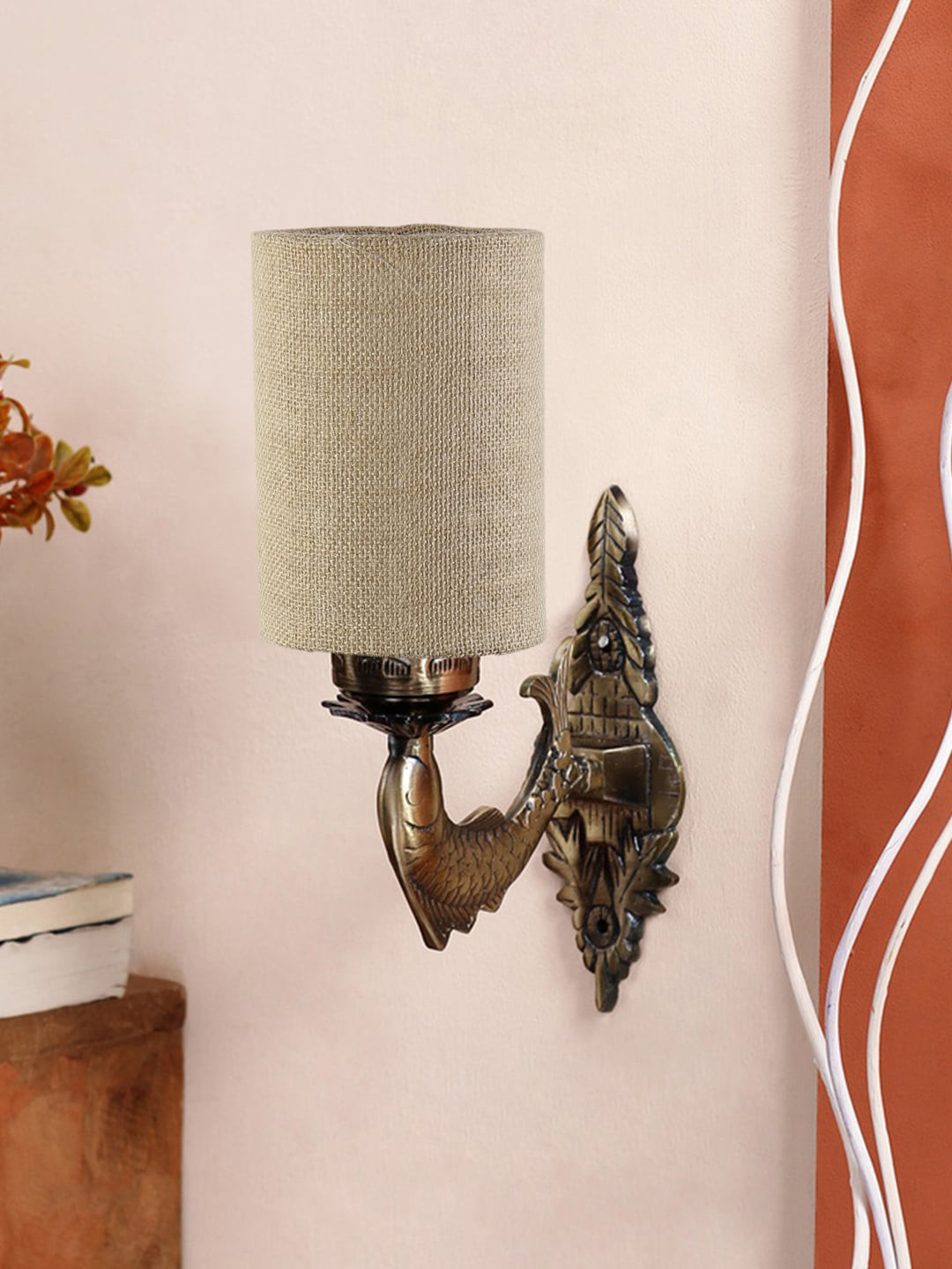 Devansh Antique Beige & Gold-Toned Wall Lamp With Textured Jute Conical Shade