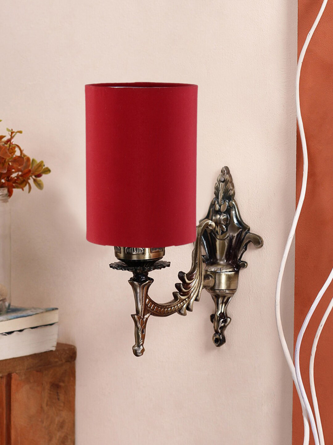Devansh Red & Gold Toned Antique Wall Lamp With Cotton Conical Shade
