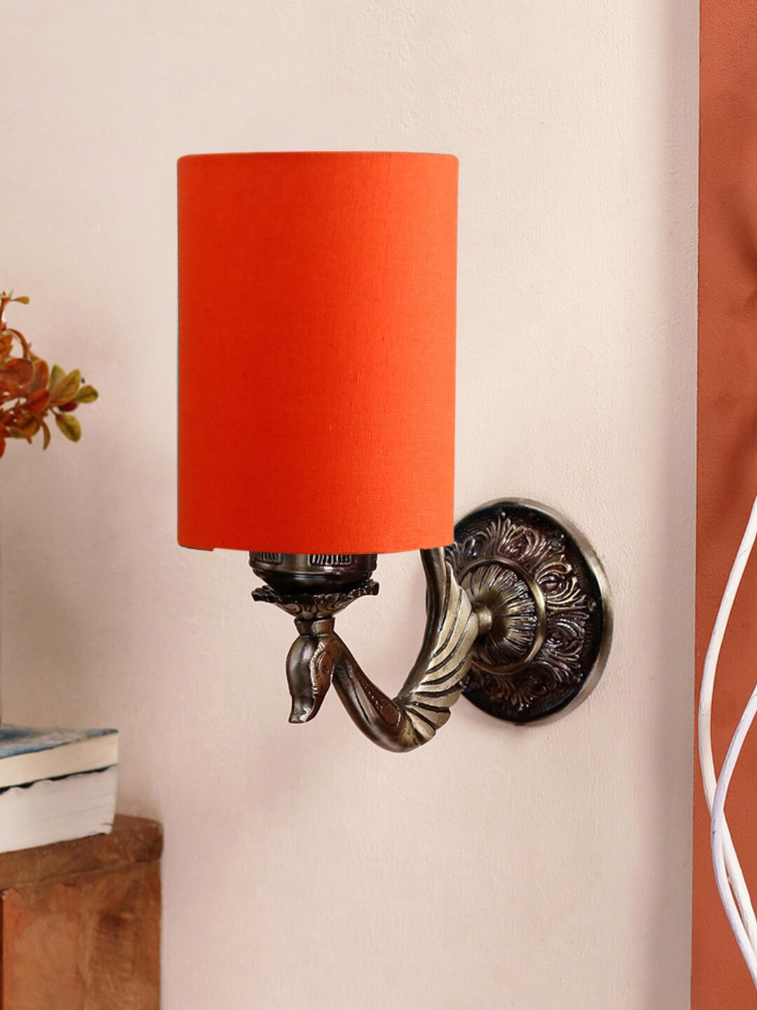 Devansh Orange & Gold Toned Antique Wall Lamp With Cotton Conical Shade
