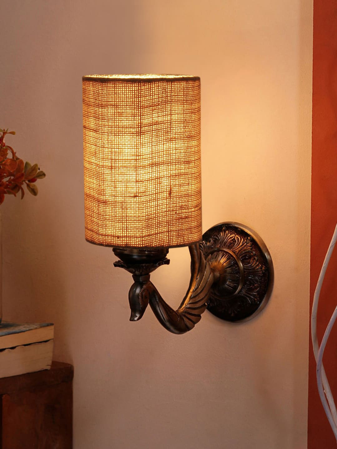 Devansh Beige & Gold Toned Antique Wall Lamp With Jute Conical Shade