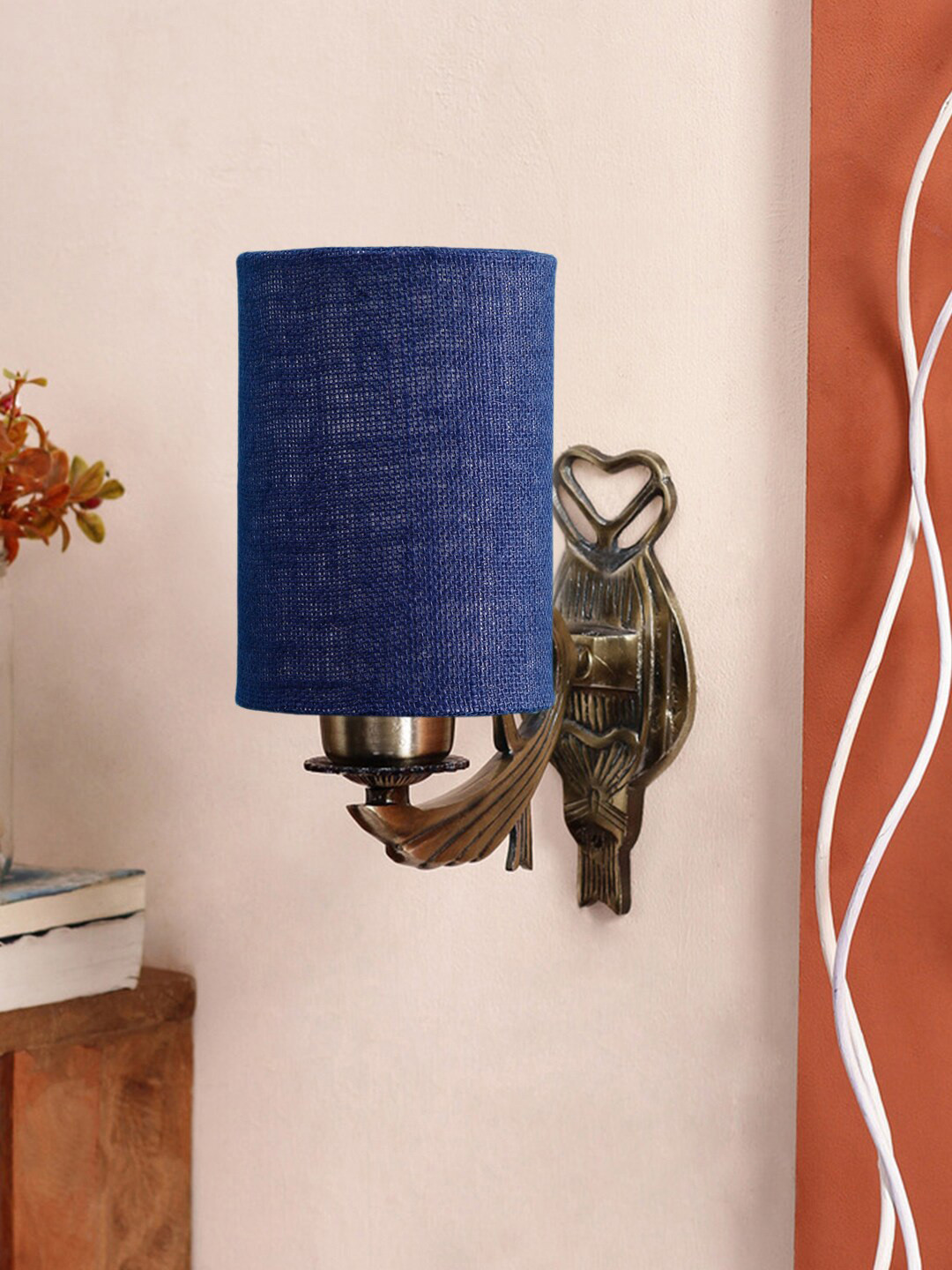 Devansh Blue & Gold Toned Antique Wall Lamp With Jute Conical Shade