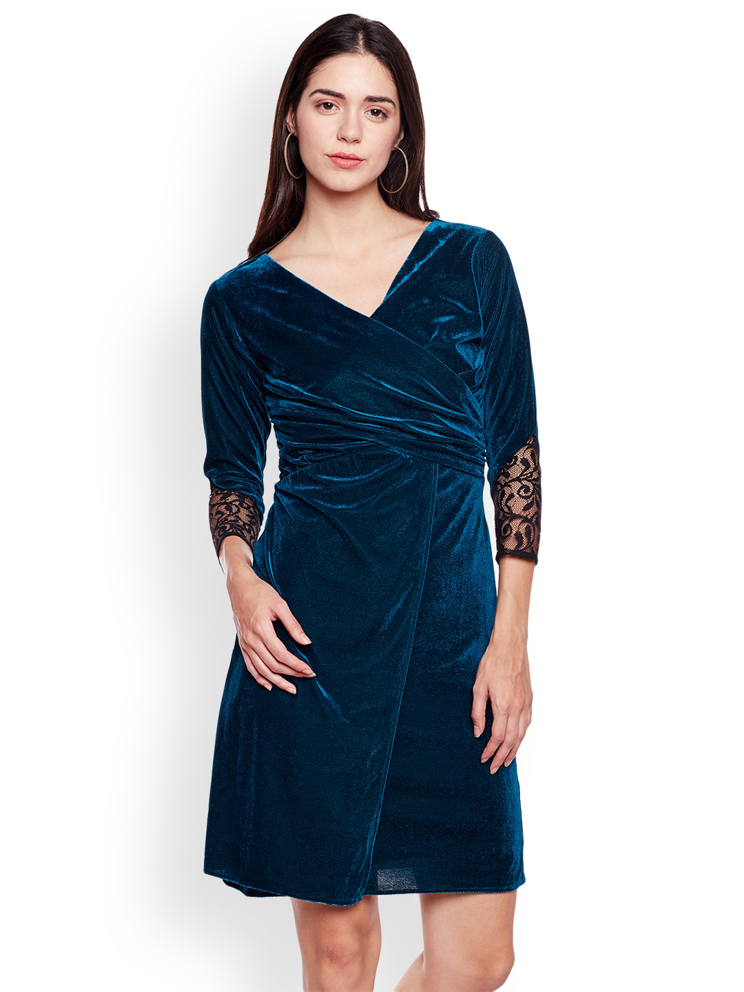 Athena Women Teal Solid Velvet Finish Wrap Dress