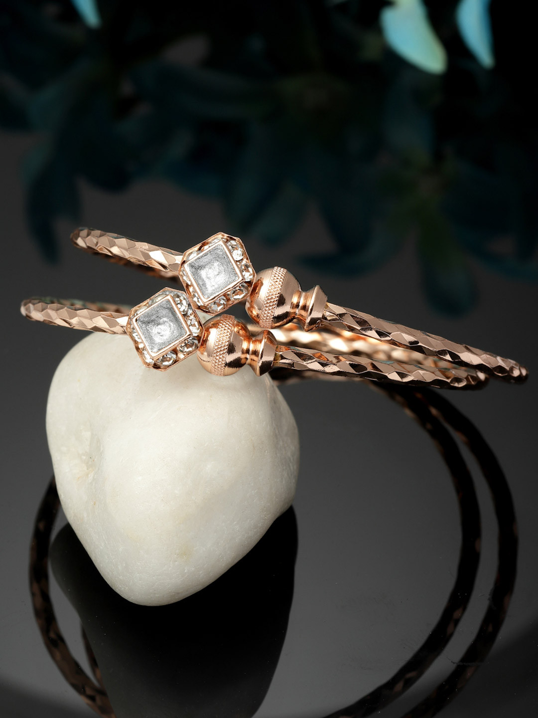 ZENEME Set Of 2 Rose Gold-Plated American Diamond Kada Bracelets