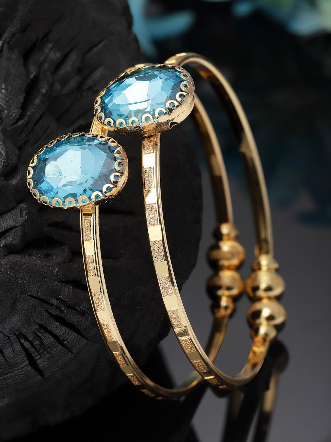 ZENEME Set Of 2 Gold-Plated Blue Cubic Zirconia Bangle Bracelets