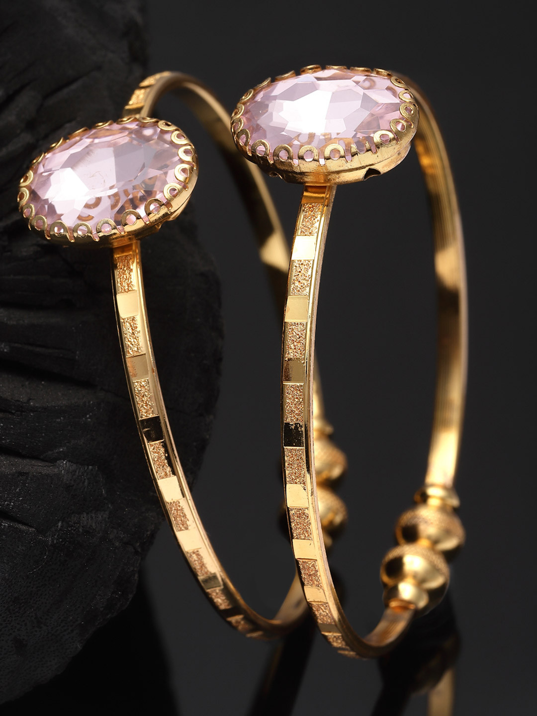 ZENEME Set Of 2 Gold-Plated Pink Stone Studded Bangle Bracelets