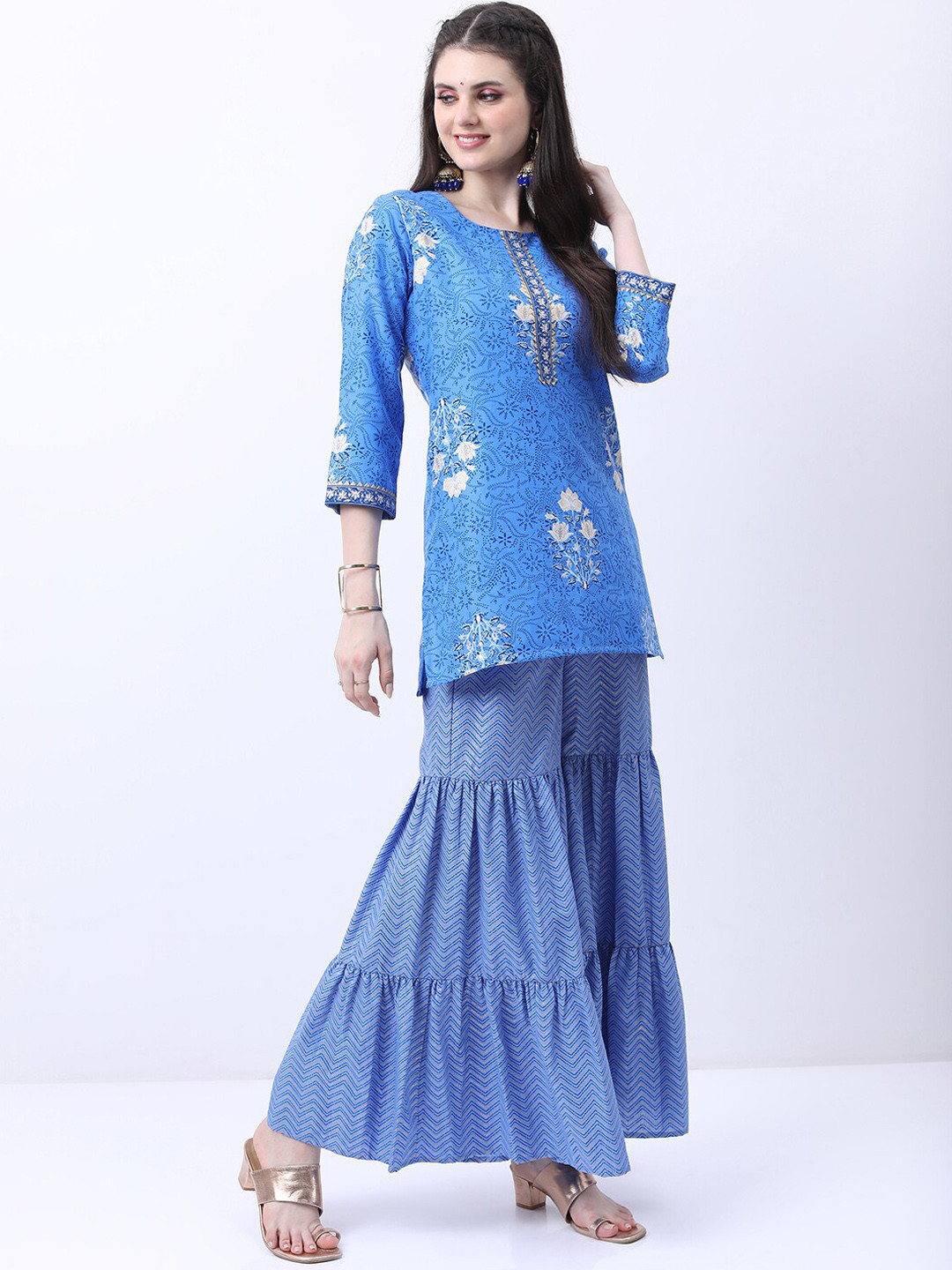 Vishudh Blue Floral Printed Kurti With Sharara