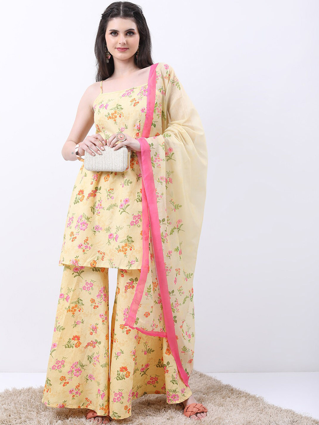 Vishudh Yellow & Pink Floral Printed Kurti With Sharara & Dupatta