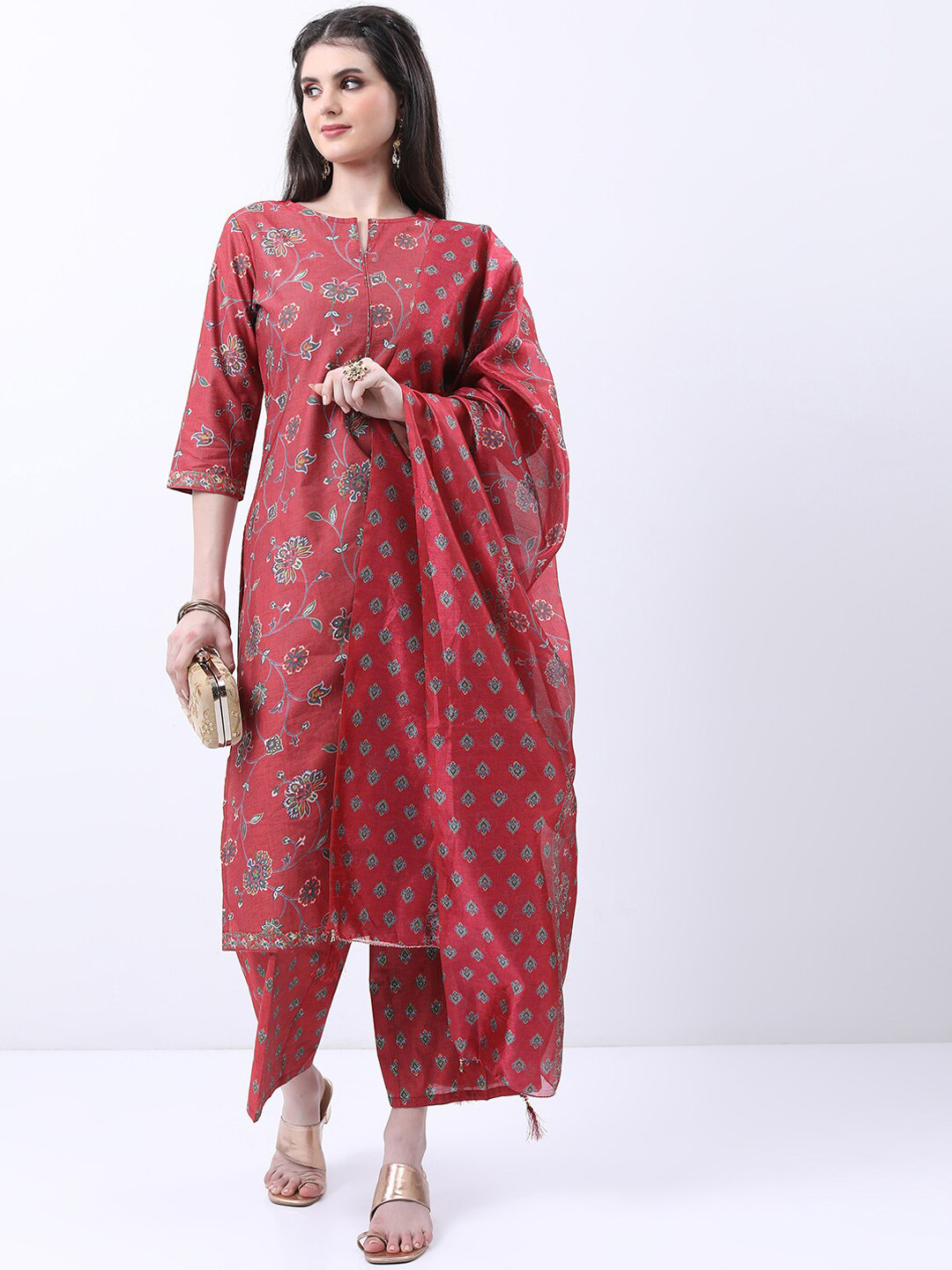 Vishudh Red & Green Floral Printed Kurta With Palazzos & Dupatta