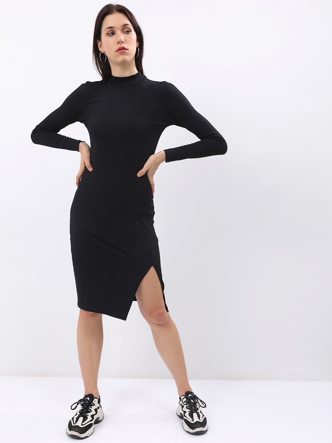 Tokyo Talkies Black High Neck Bodycon Ribbed Midi Dress