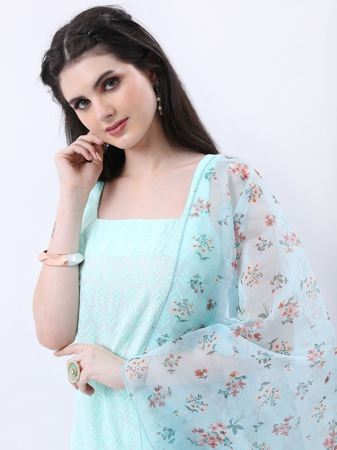 KETCH Shoulder Straps Floral Embroiderd Thread Work Kurta with Sharara & With Dupatta