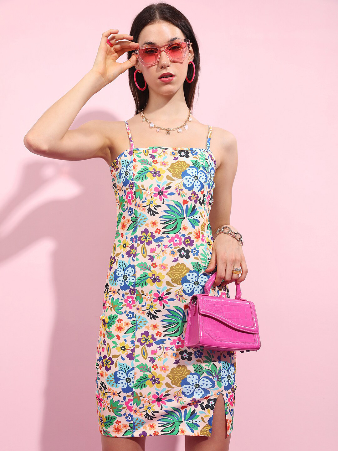 Tokyo Talkies Beige, Blue And Green Floral Printed Sleeveless Sheath Dress