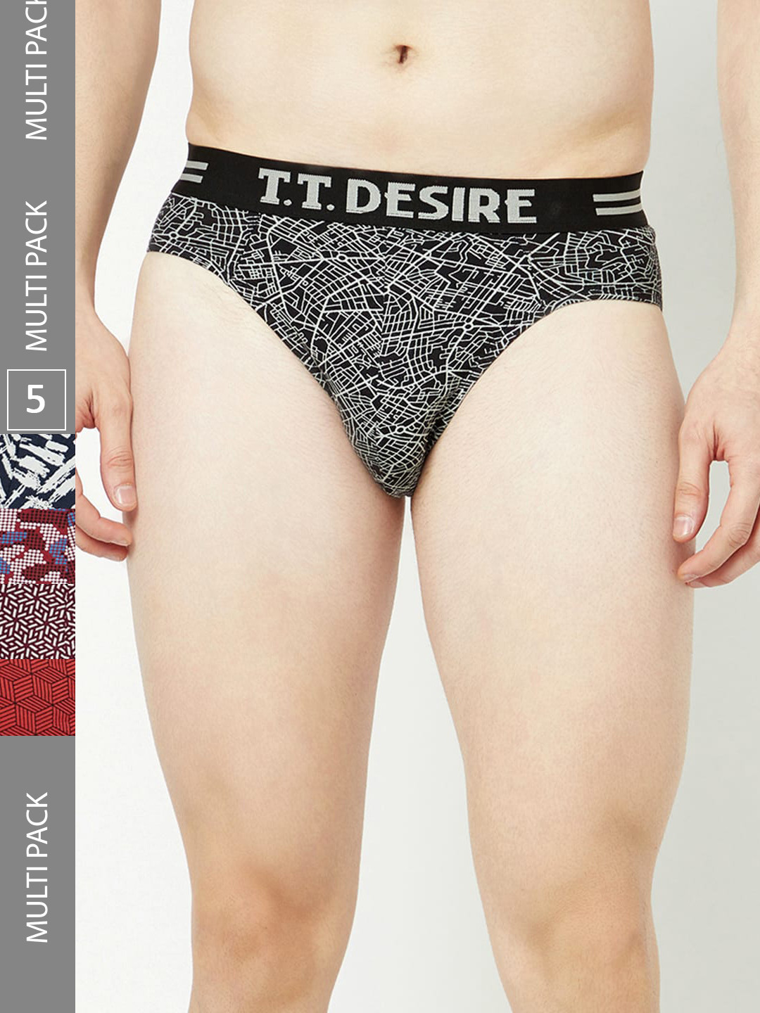 T.T. Mens Desire 100% Combed Cotton Printed Brief Top Elastic Pack of 5 Assorted