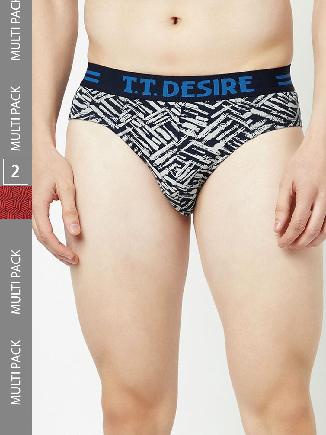 T.T. Mens Desire 100% Combed Cotton Printed Brief Top Elastic Pack of 2 Blue::Red