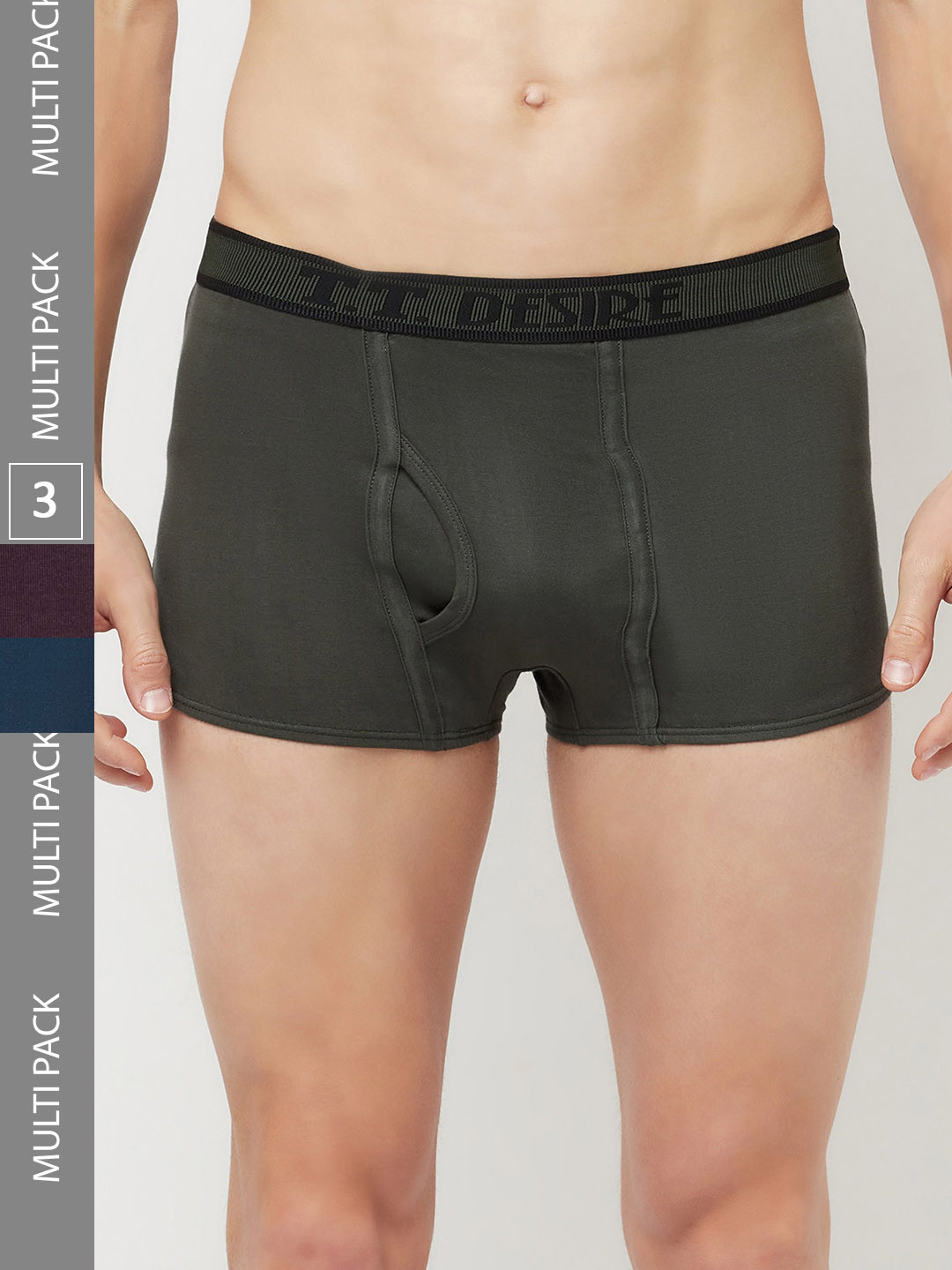 T.T. Mens Desire Fashion Top Elastic Pure Cotton Trunk Pack of 3 Olive::Purple::Blue