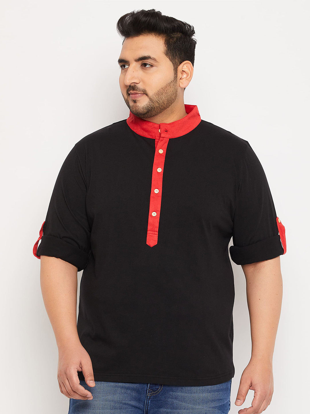 bigbanana Plus Size Band Collar Long Sleeves Bio Finish Pure Cotton T-shirt