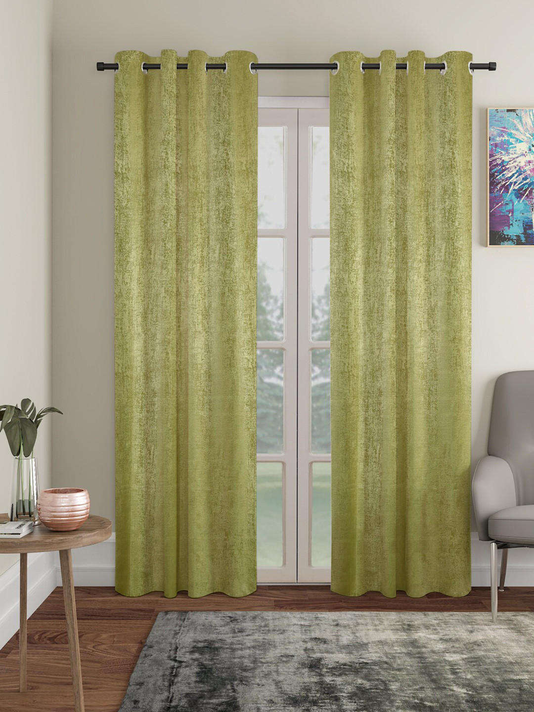 SOKNACK Olive Green 2 Pieces Abstract Textured Black Out Long Door Curtains