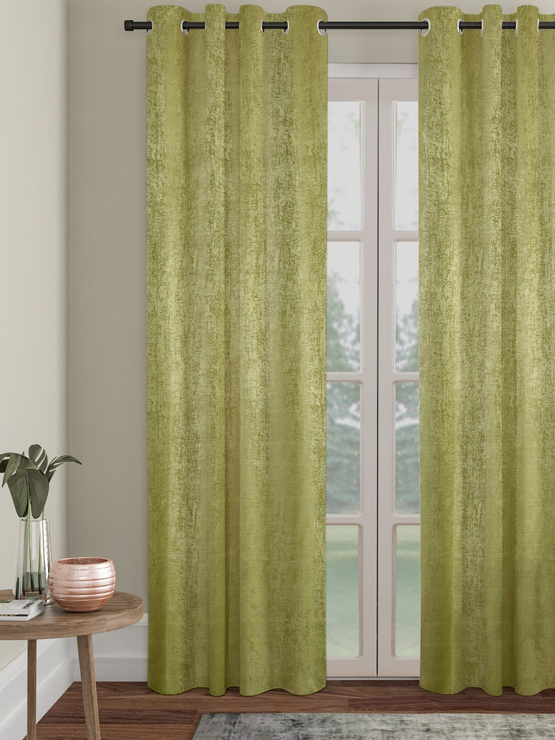 SOKNACK Olive Green Abstract Textured Black Out Long Door Curtain